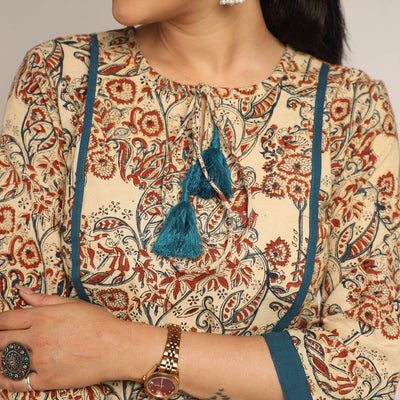Beige - Pedana Kalamkari Block Printed Cotton Kurta with Palazzo Set