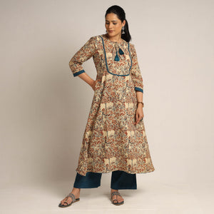 Beige - Pedana Kalamkari Block Printed Cotton Kurta with Palazzo Set