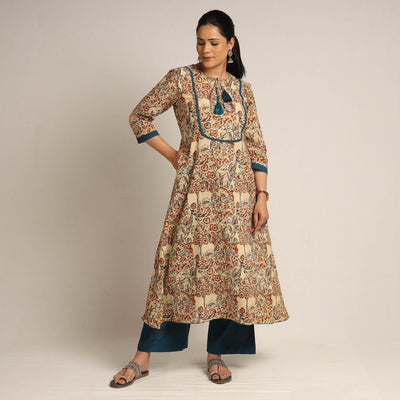 Beige - Pedana Kalamkari Block Printed Cotton Kurta with Palazzo Set