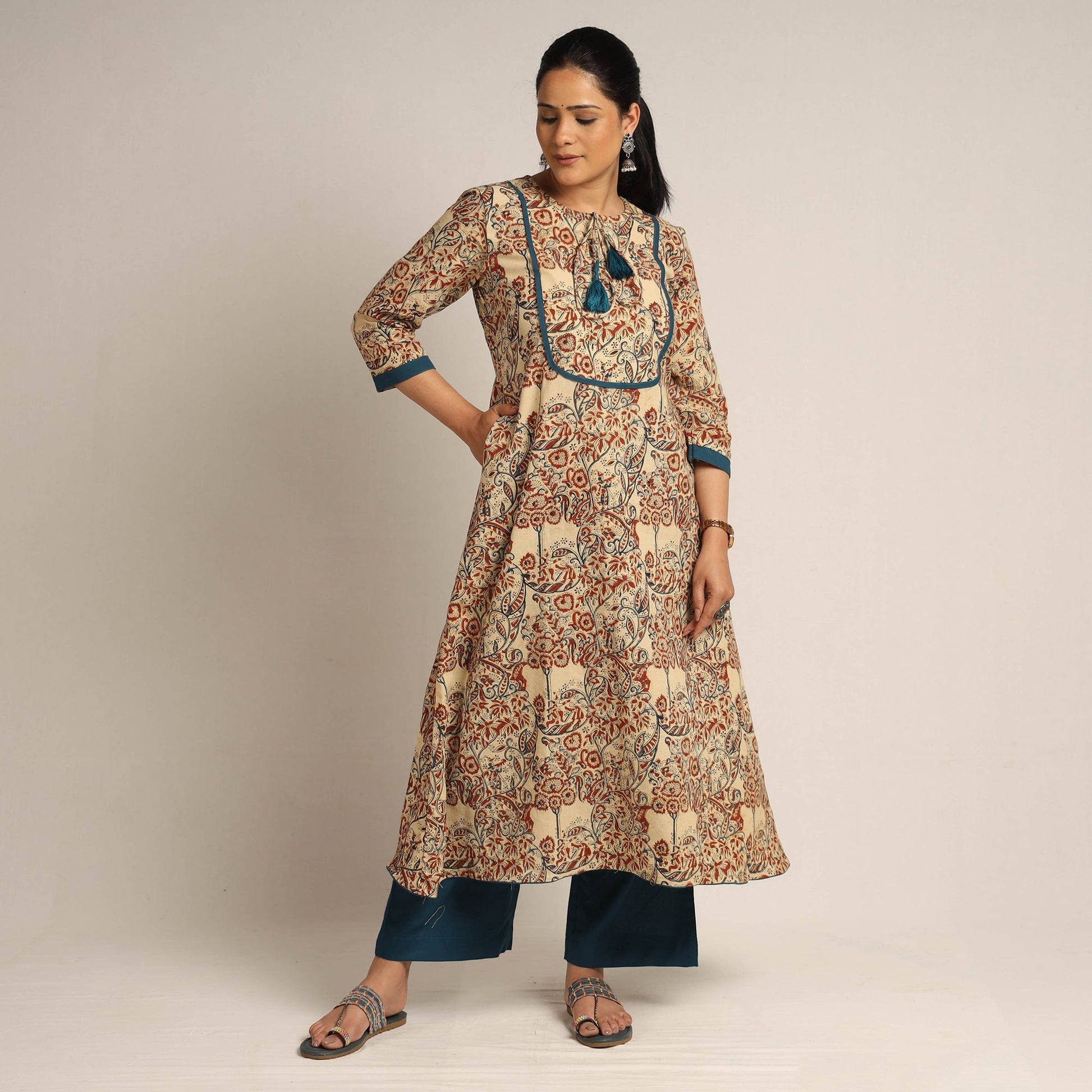 Beige - Pedana Kalamkari Block Printed Cotton Kurta with Palazzo Set