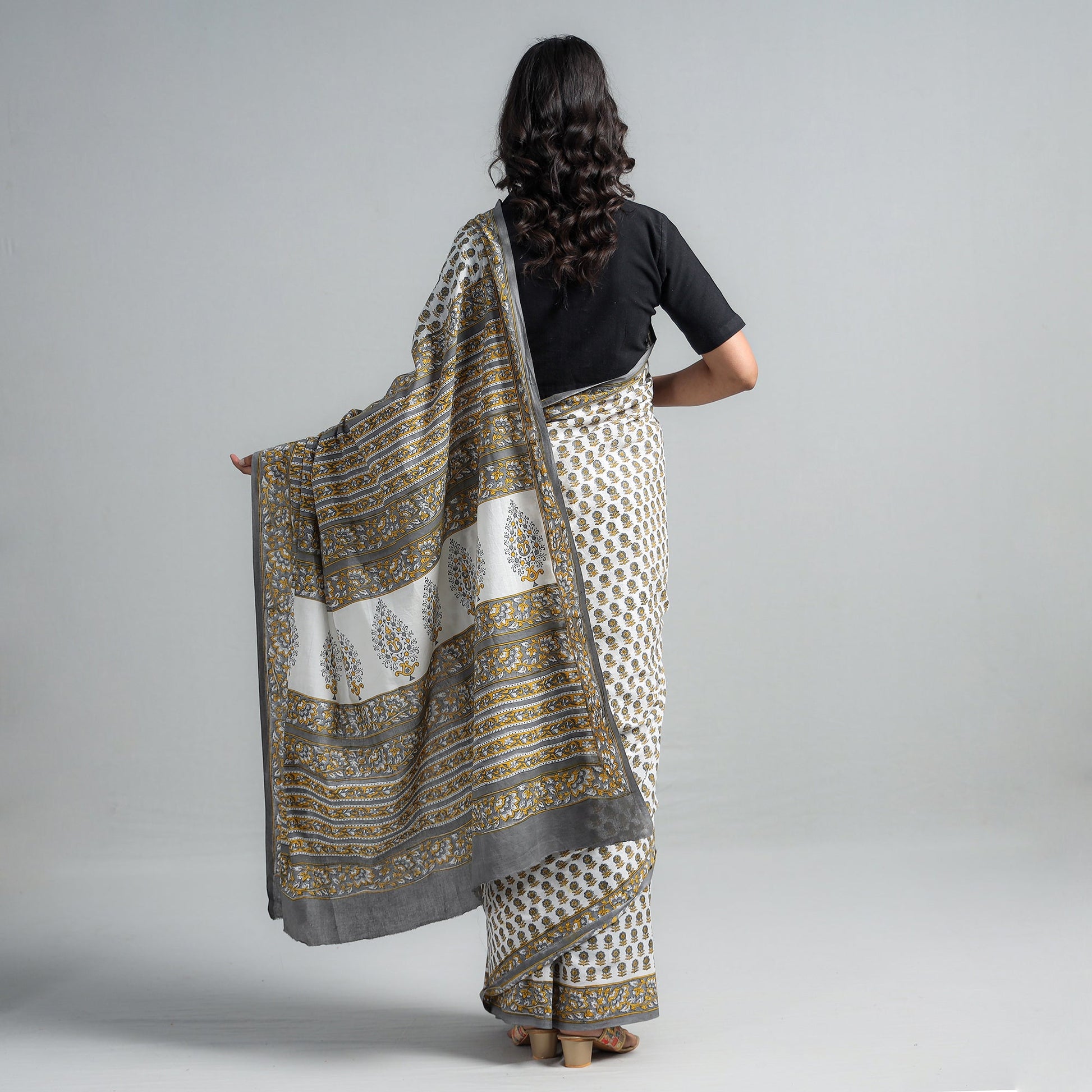 Brown - Block Printed Mul Cotton Sanganeri Saree