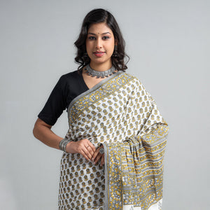 Brown - Block Printed Mul Cotton Sanganeri Saree