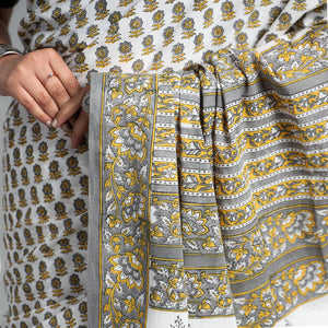 Brown - Block Printed Mul Cotton Sanganeri Saree