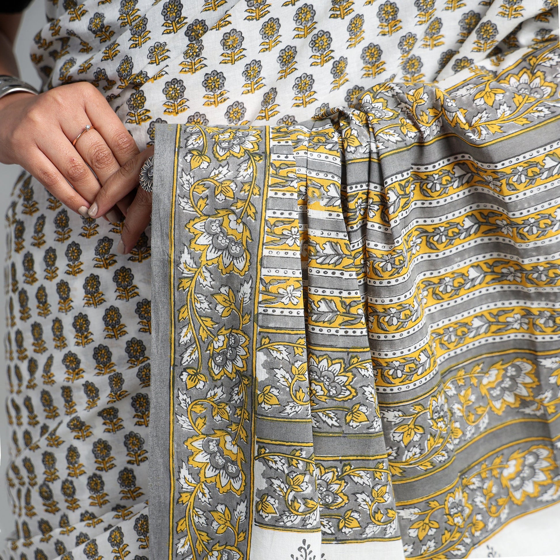 Brown - Block Printed Mul Cotton Sanganeri Saree
