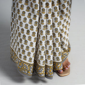 Brown - Block Printed Mul Cotton Sanganeri Saree