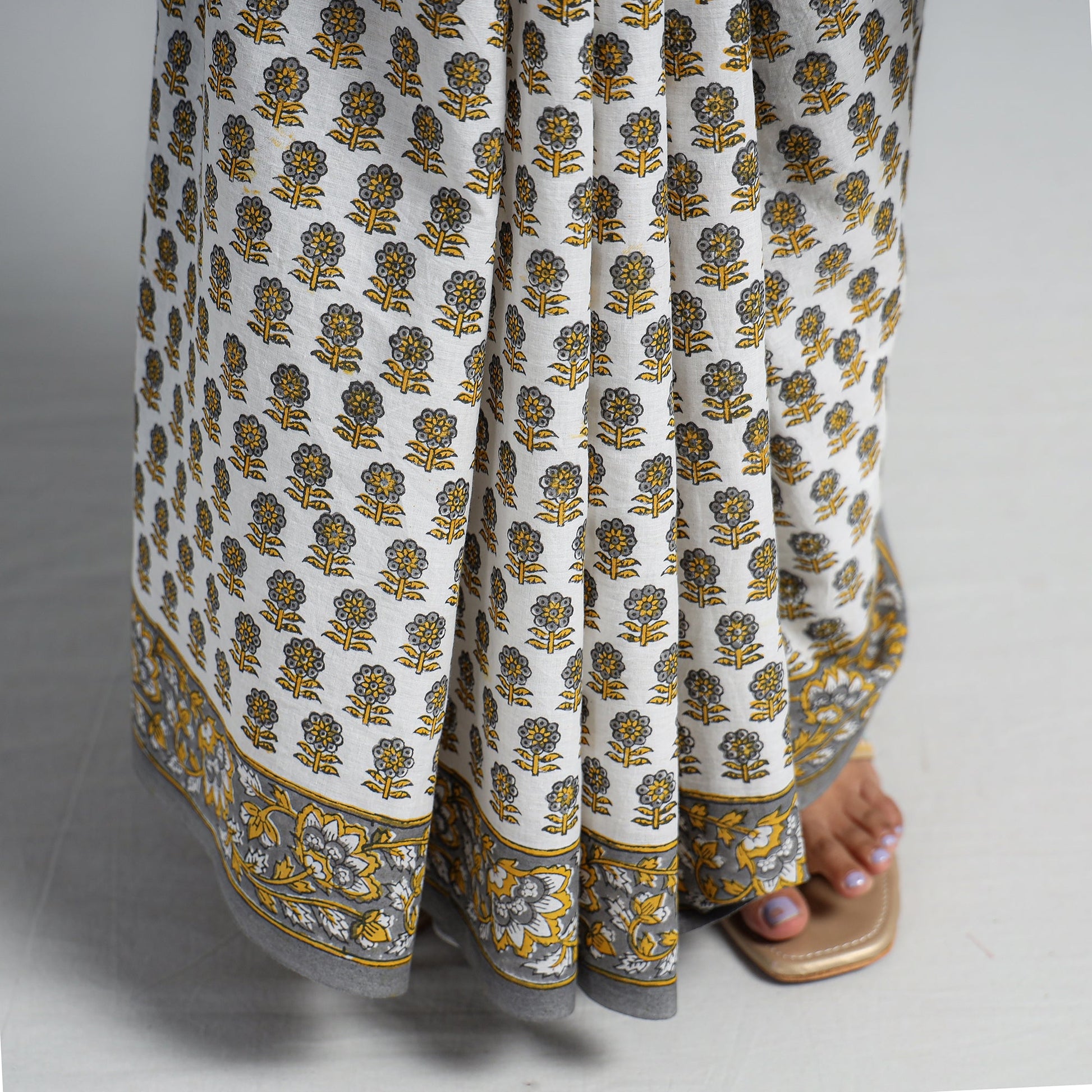 Brown - Block Printed Mul Cotton Sanganeri Saree
