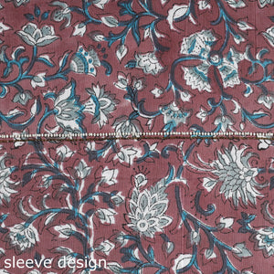 Brown - Embroidered Sanganeri Block Print Cotton Kurta Material with Beads - 2.5 Meter
