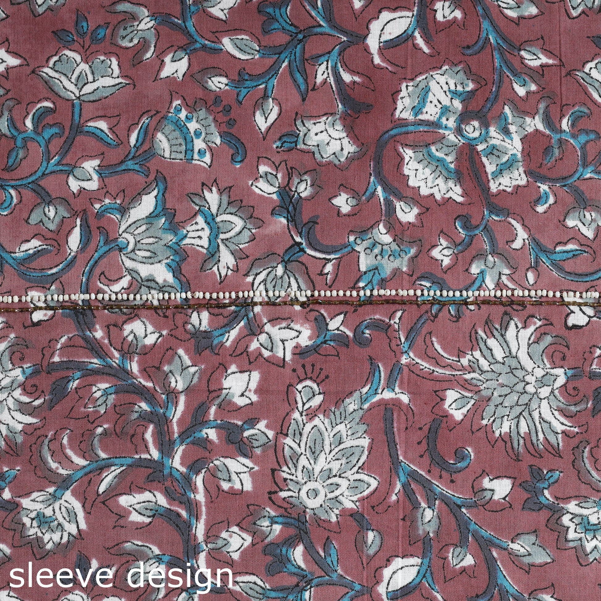 Brown - Embroidered Sanganeri Block Print Cotton Kurta Material with Beads - 2.5 Meter