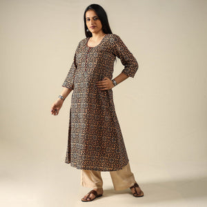 Brown - Ajrakh Block Printed Cotton Long A-Line Kurta