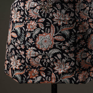 Black - Embroidered Sanganeri Block Print Cotton Kurta Material with Beads - 2.5 Meter