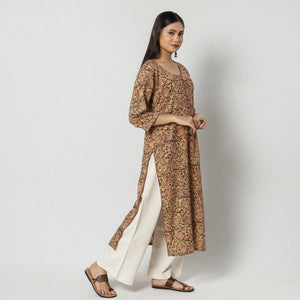 Brown - Kalamkari Block Printing Cotton Long Straight Kurta