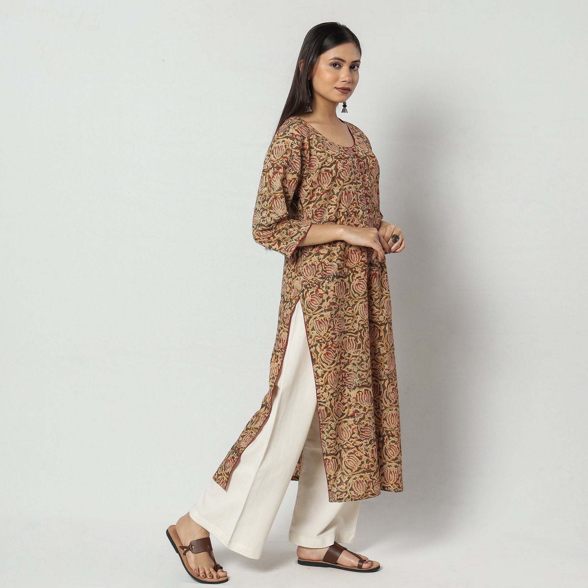 Brown - Kalamkari Block Printing Cotton Long Straight Kurta