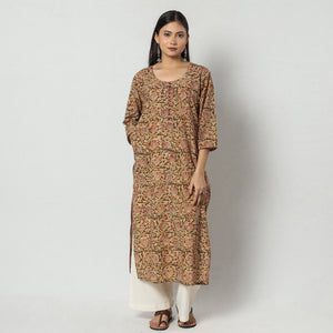 Brown - Kalamkari Block Printing Cotton Long Straight Kurta
