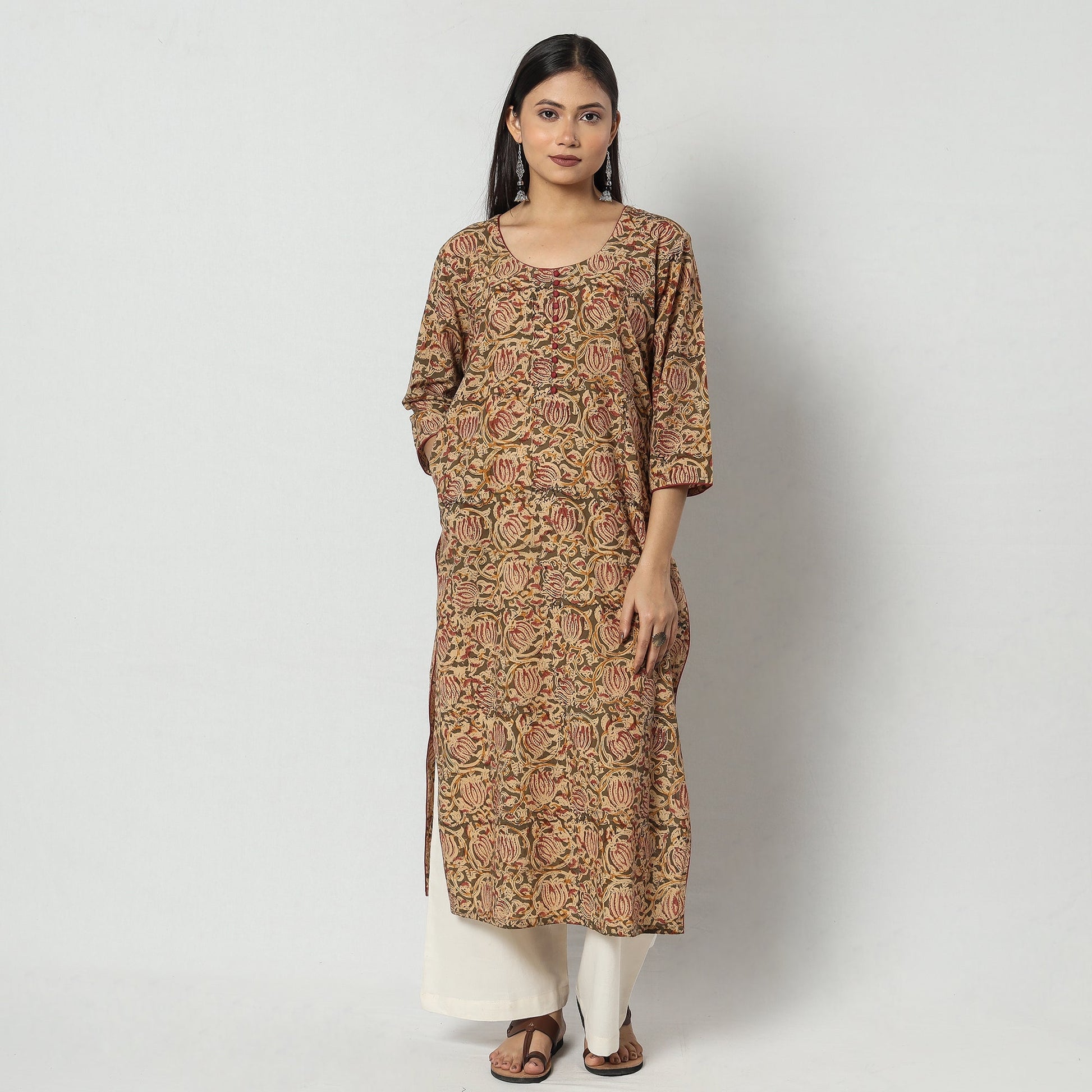 Brown - Kalamkari Block Printing Cotton Long Straight Kurta