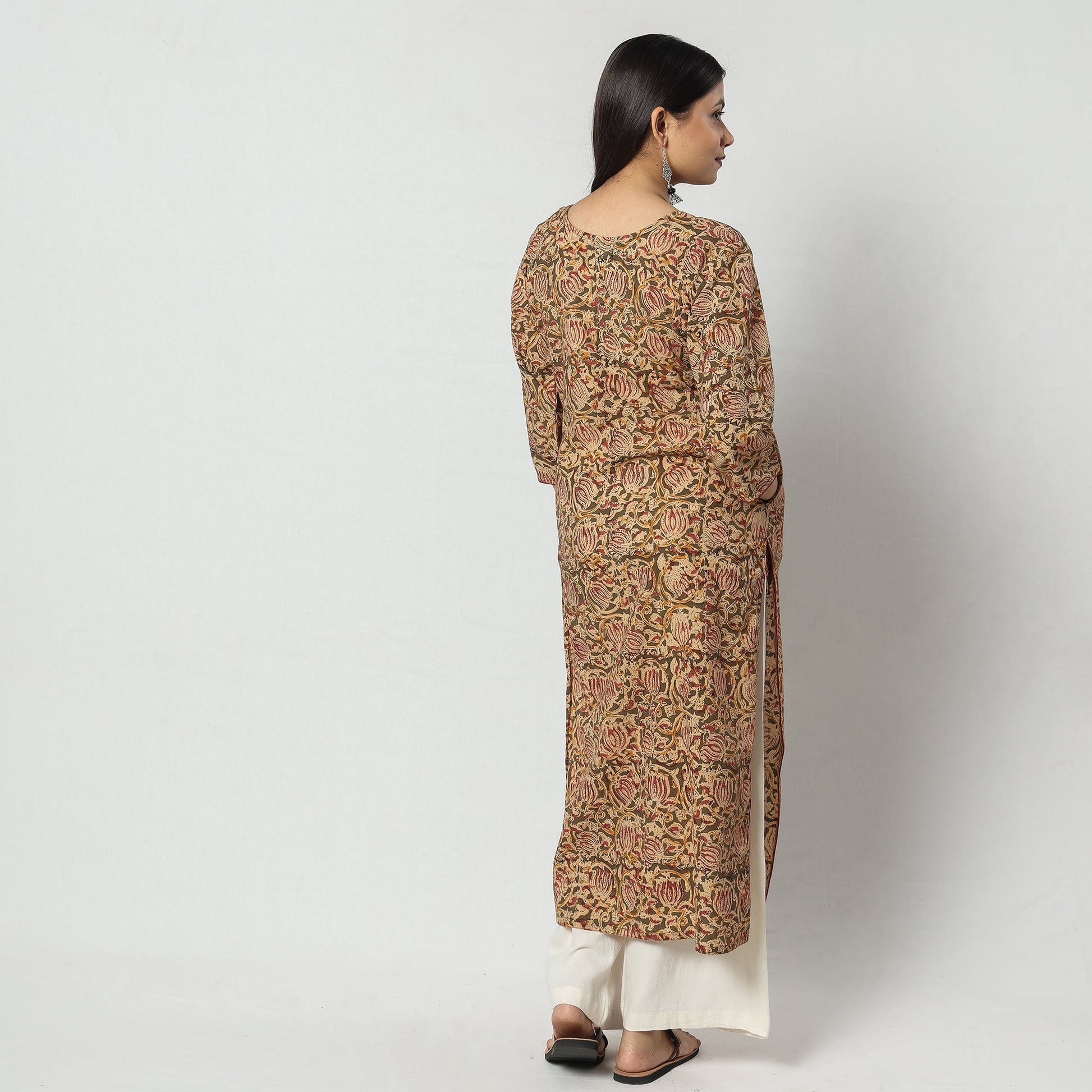 Brown - Kalamkari Block Printing Cotton Long Straight Kurta