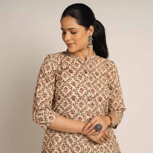 Beige - Pedana Kalamkari Block Printed Cotton Kurta with Palazzo Set