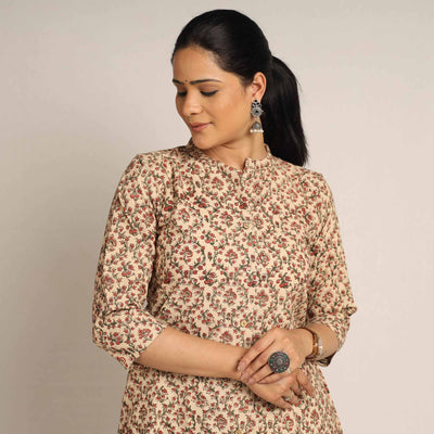 Beige - Pedana Kalamkari Block Printed Cotton Kurta with Palazzo Set