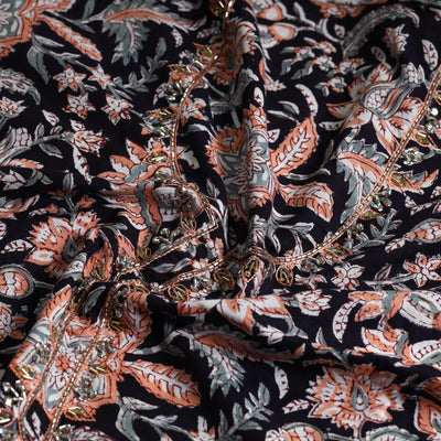 Black - Embroidered Sanganeri Block Print Cotton Kurta Material with Beads - 2.5 Meter