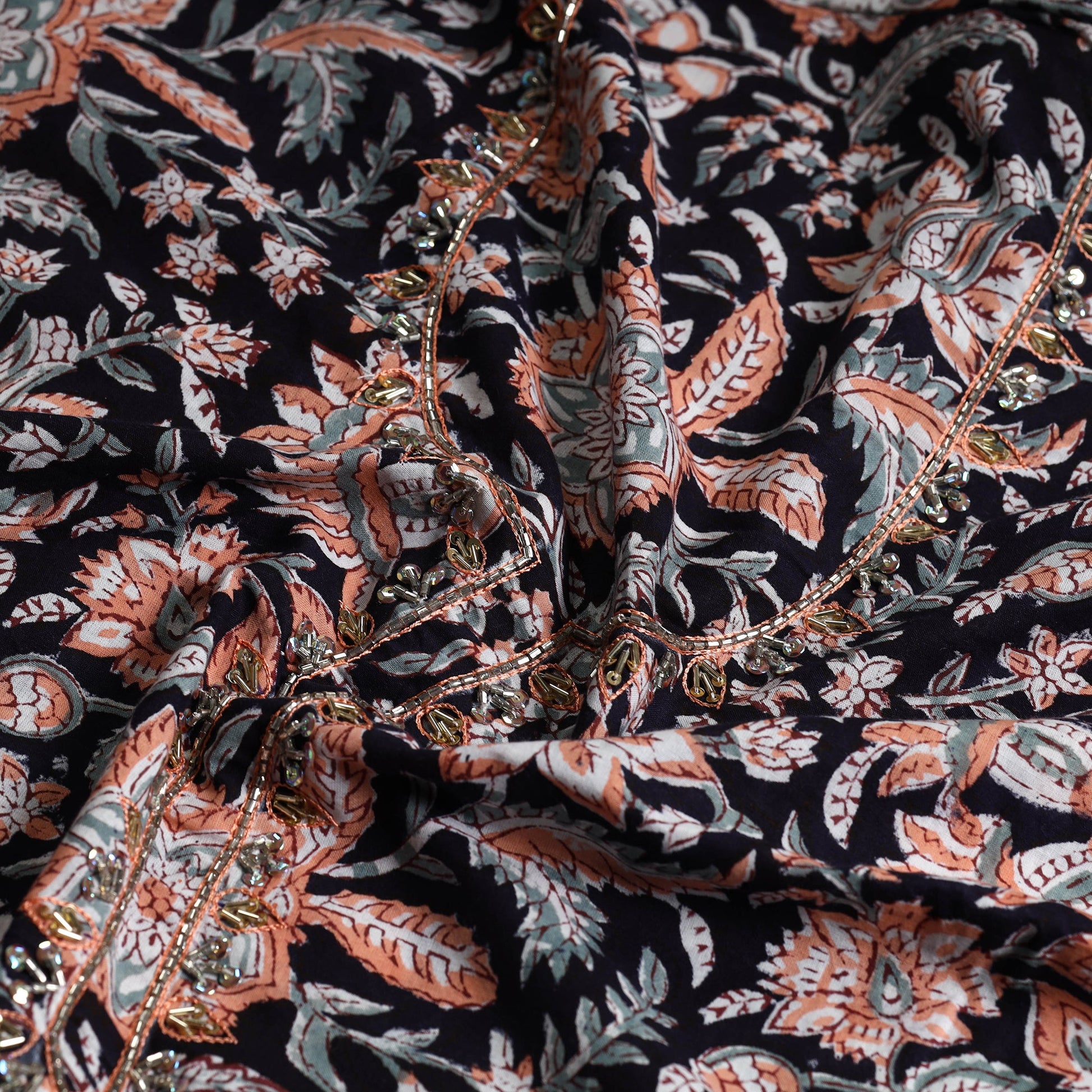 Black - Embroidered Sanganeri Block Print Cotton Kurta Material with Beads - 2.5 Meter