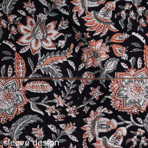 Black - Embroidered Sanganeri Block Print Cotton Kurta Material with Beads - 2.5 Meter