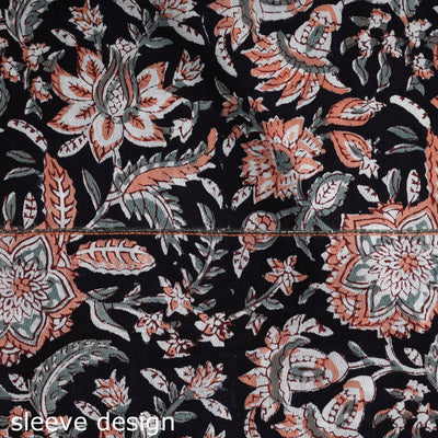 Black - Embroidered Sanganeri Block Print Cotton Kurta Material with Beads - 2.5 Meter