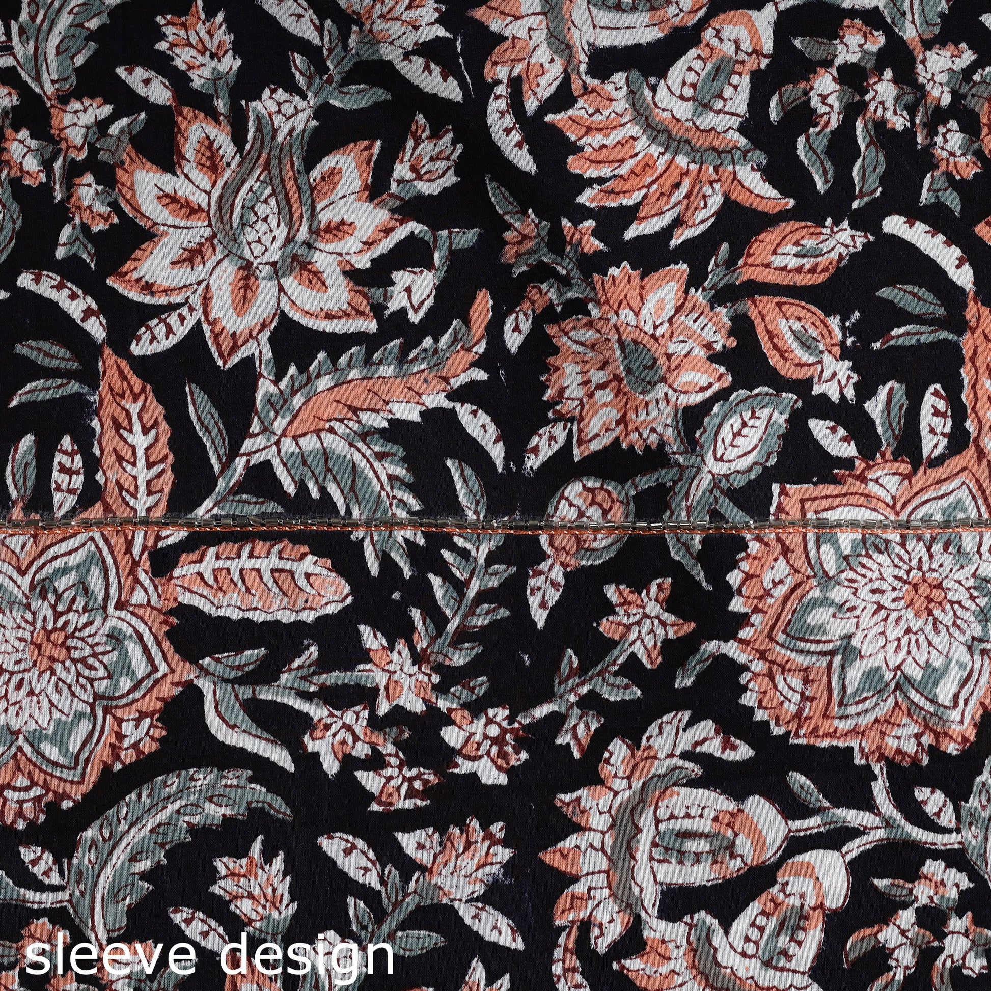 Black - Embroidered Sanganeri Block Print Cotton Kurta Material with Beads - 2.5 Meter