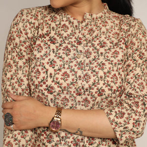 Beige - Pedana Kalamkari Block Printed Cotton Kurta with Palazzo Set