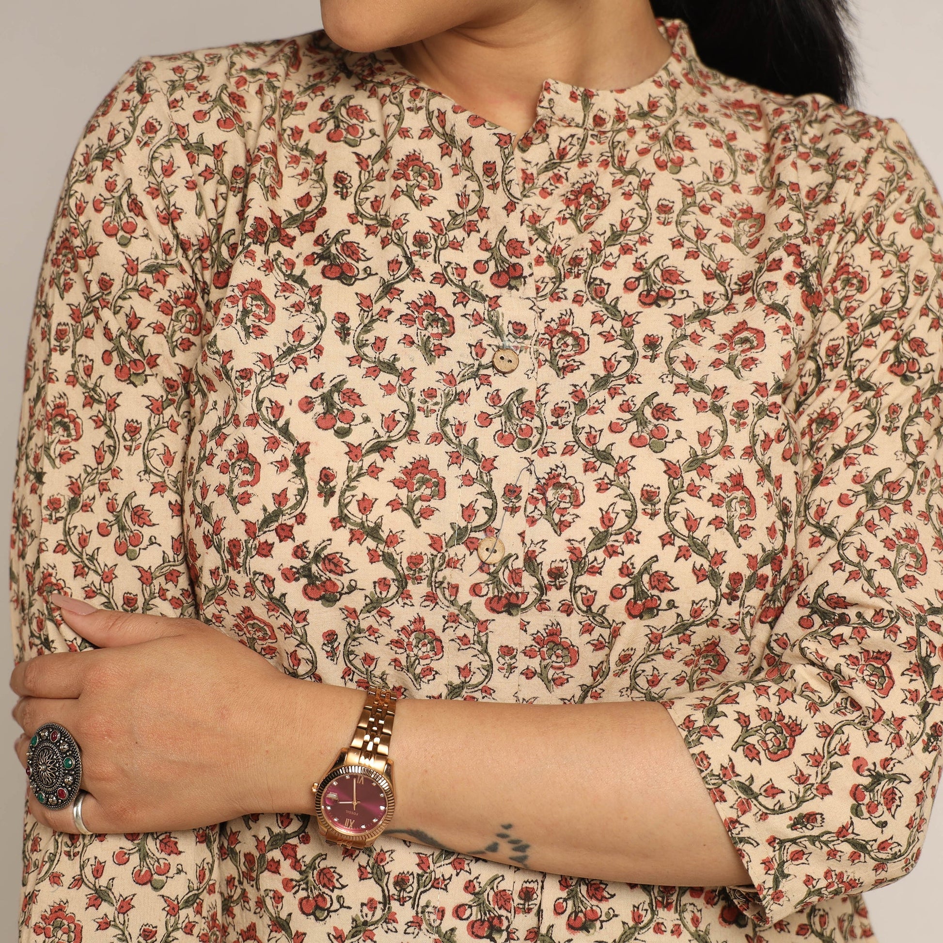 Beige - Pedana Kalamkari Block Printed Cotton Kurta with Palazzo Set