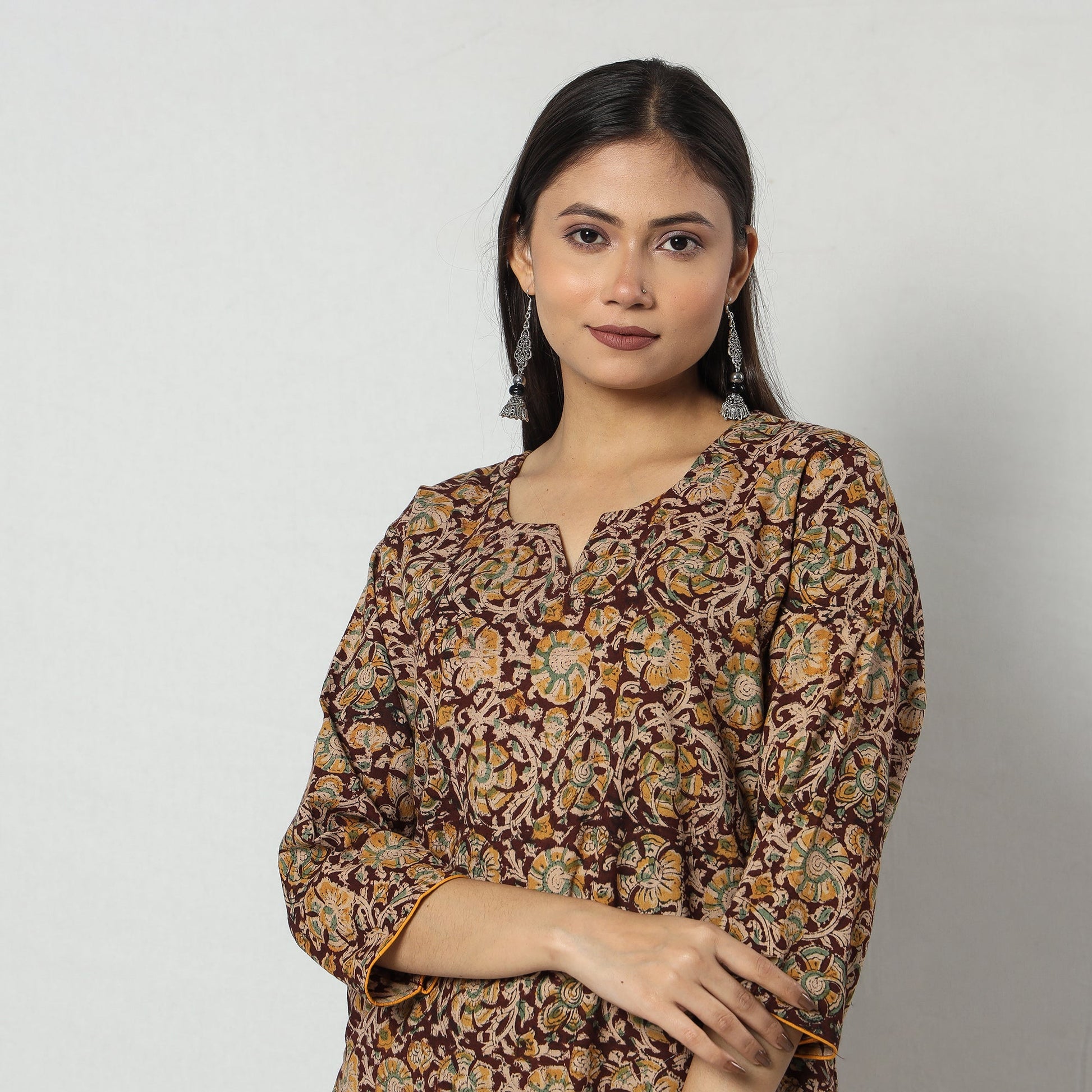 Brown - Kalamkari Block Printing Cotton Long Kurta