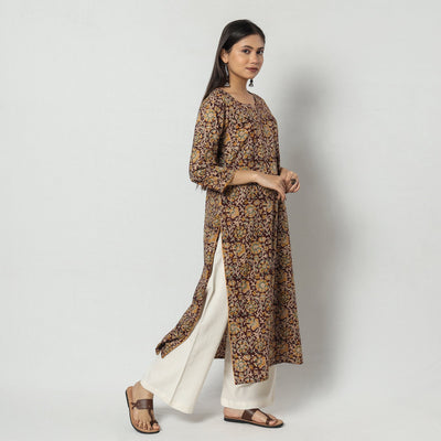 Brown - Kalamkari Block Printing Cotton Long Kurta