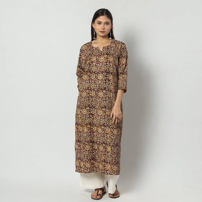 Brown - Kalamkari Block Printing Cotton Long Kurta