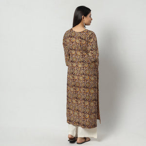 Brown - Kalamkari Block Printing Cotton Long Kurta