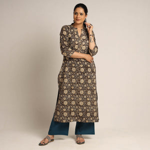 Brown - Pedana Kalamkari Block Printed Cotton Kurta with Palazzo Set