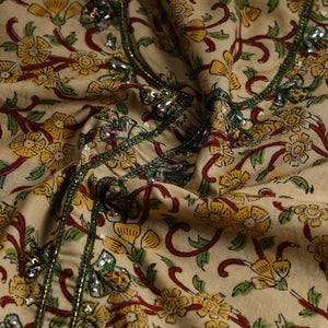 Beige - Embroidered Sanganeri Block Print Cotton Kurta Material with Beads - 2.5 Meter