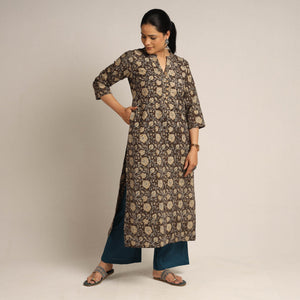Brown - Pedana Kalamkari Block Printed Cotton Kurta with Palazzo Set
