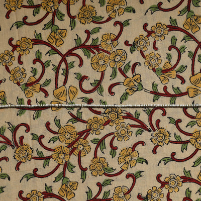 Beige - Embroidered Sanganeri Block Print Cotton Kurta Material with Beads - 2.5 Meter