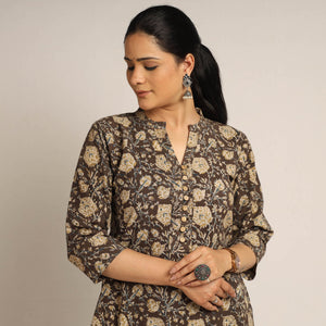 Brown - Pedana Kalamkari Block Printed Cotton Kurta with Palazzo Set