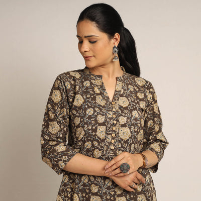 Brown - Pedana Kalamkari Block Printed Cotton Kurta with Palazzo Set