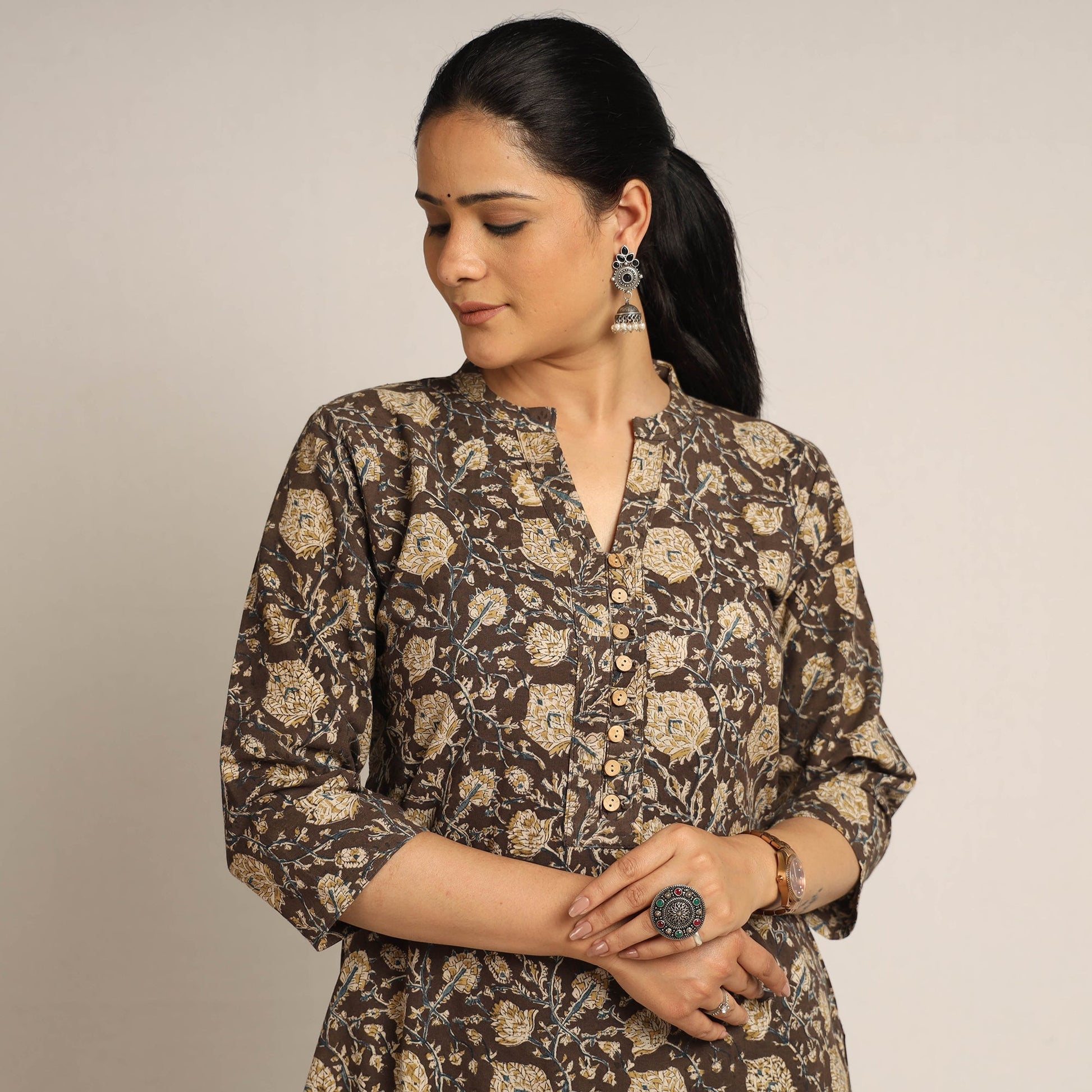 Brown - Pedana Kalamkari Block Printed Cotton Kurta with Palazzo Set