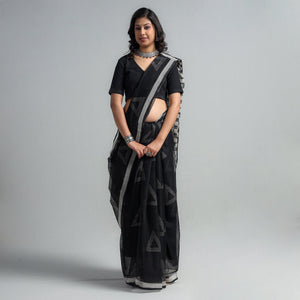 Black - Kota Doria Cotton Sanganeri Print Saree