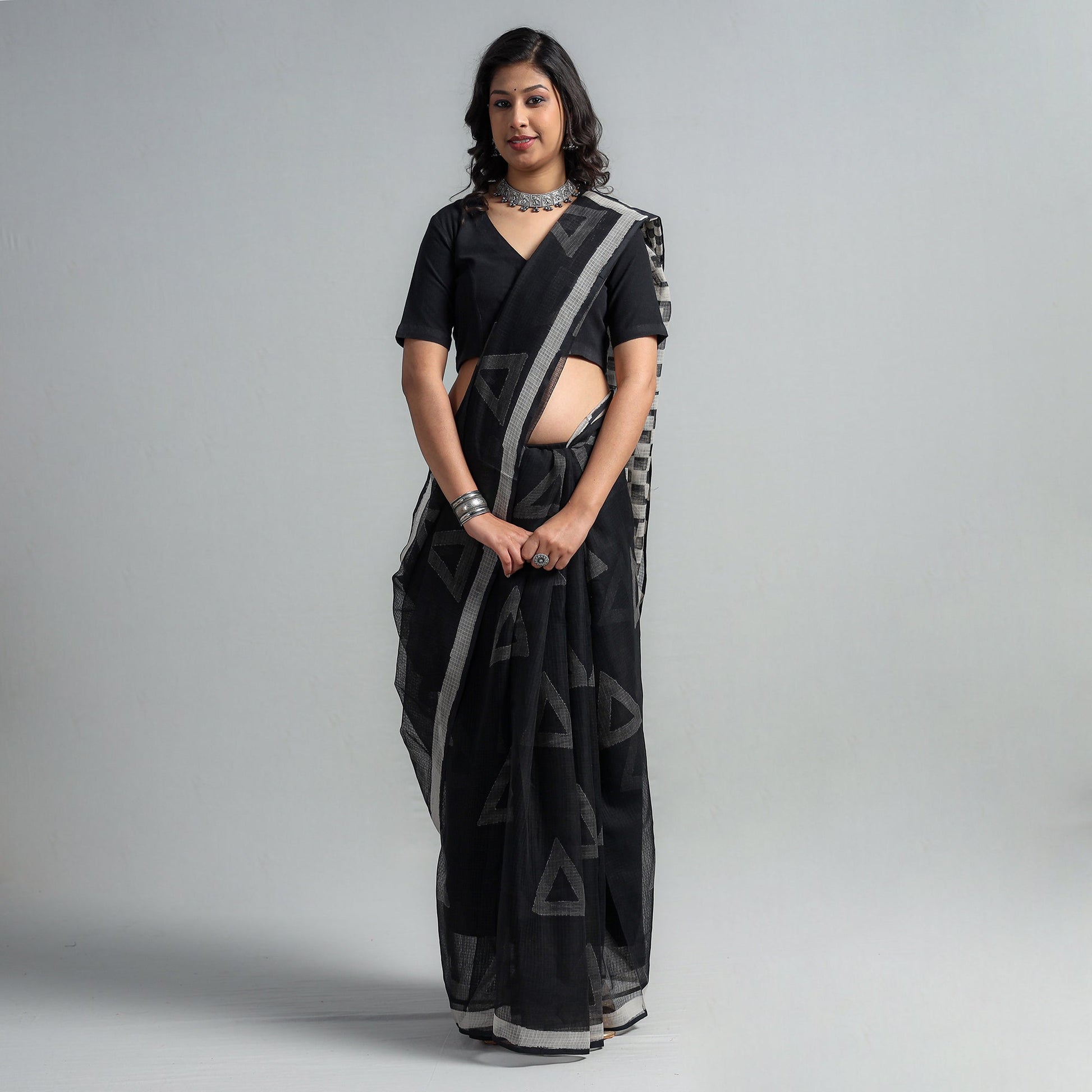 Black - Kota Doria Cotton Sanganeri Print Saree