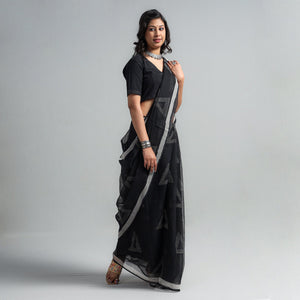 Black - Kota Doria Cotton Sanganeri Print Saree