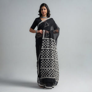 Black - Kota Doria Cotton Sanganeri Print Saree