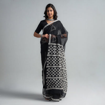 Black - Kota Doria Cotton Sanganeri Print Saree