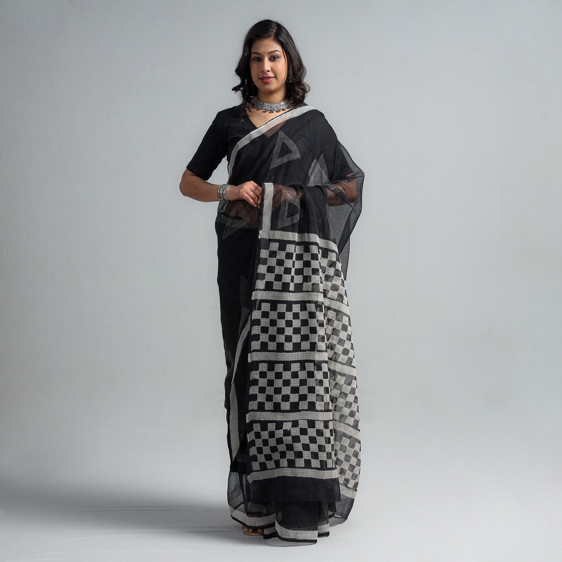 Black - Kota Doria Cotton Sanganeri Print Saree