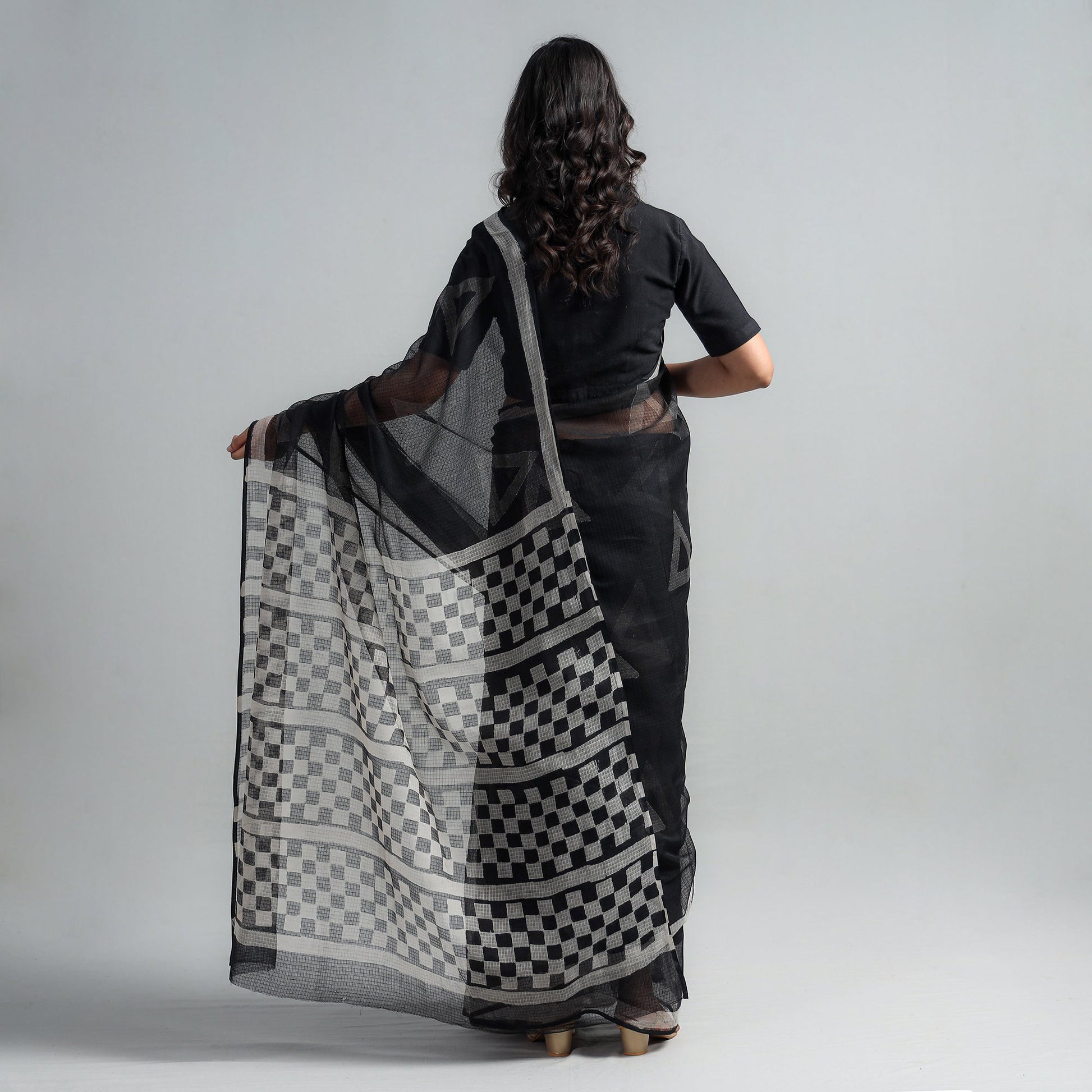 Black - Kota Doria Cotton Sanganeri Print Saree