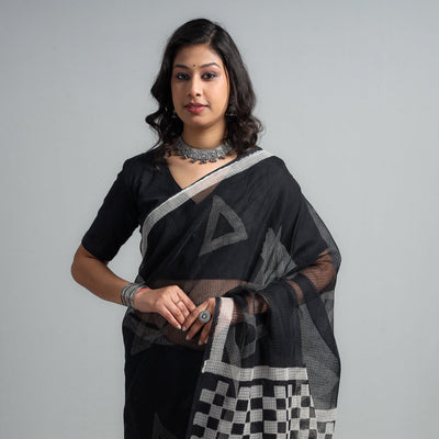 Black - Kota Doria Cotton Sanganeri Print Saree