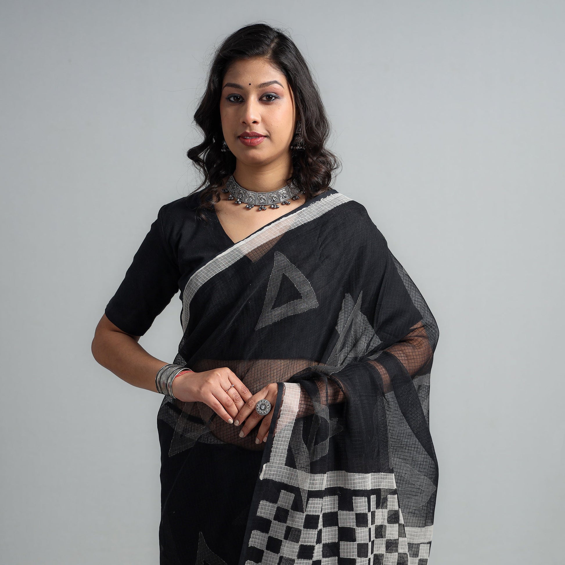 Black - Kota Doria Cotton Sanganeri Print Saree