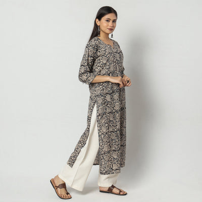 Black - Kalamkari Block Printed Cotton Long Straight Kurta