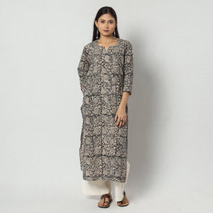 Black - Kalamkari Block Printed Cotton Long Straight Kurta